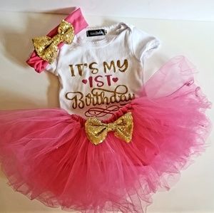 Baby 1st Birthday Outfit - onesie, headband & tutu